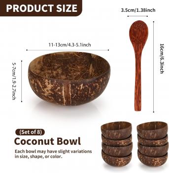 8 Kokosnussschalen aus Naturholz, 350 ml Kokosnussschalen mit 8 Holzlöffeln, polierte Kokosnussschale für veganen Bio-Salat, Milchshake, Obst und Desserts